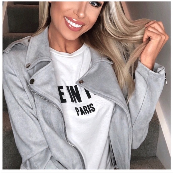 Woman’s Grey Faux Suede Biker Motto Jackets - Picture 3 of 3